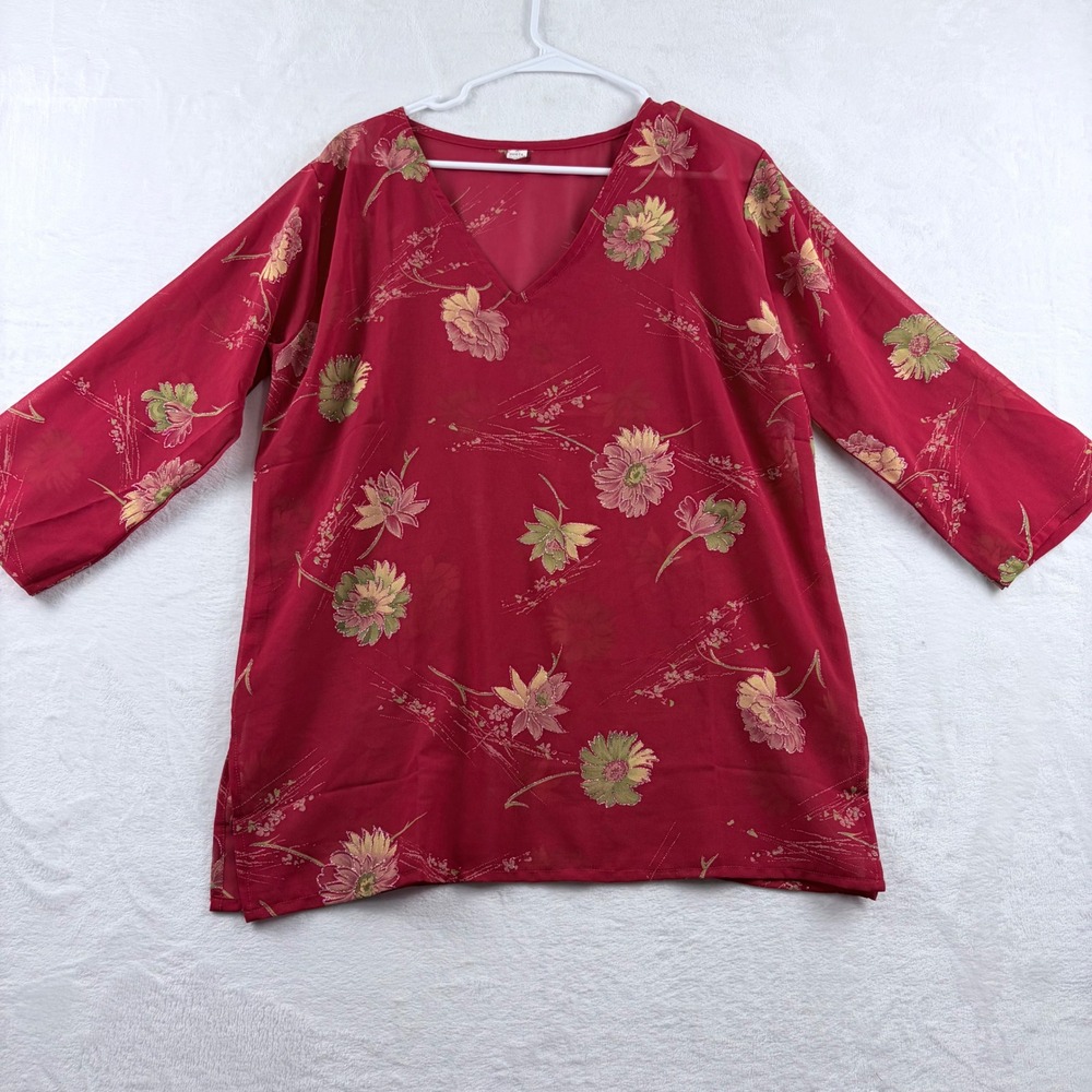 Ishita Red Floral Glitter Sheer Blouse V-Neck Boho Top Women's‎ XL